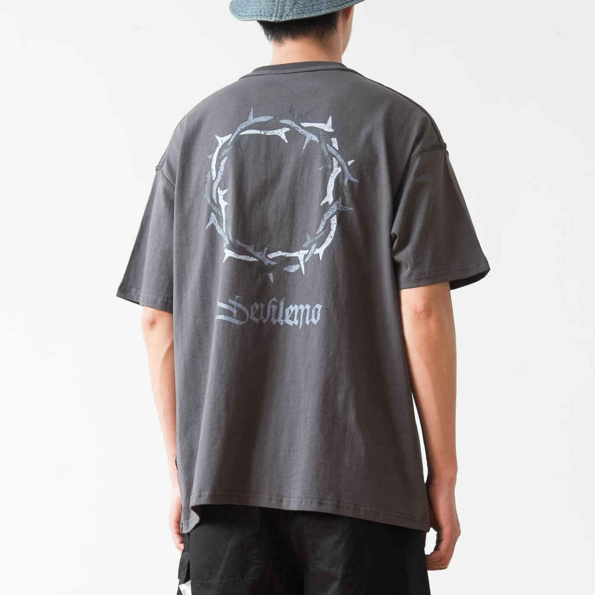 荆棘印花宽松水洗纯棉短袖T恤衫