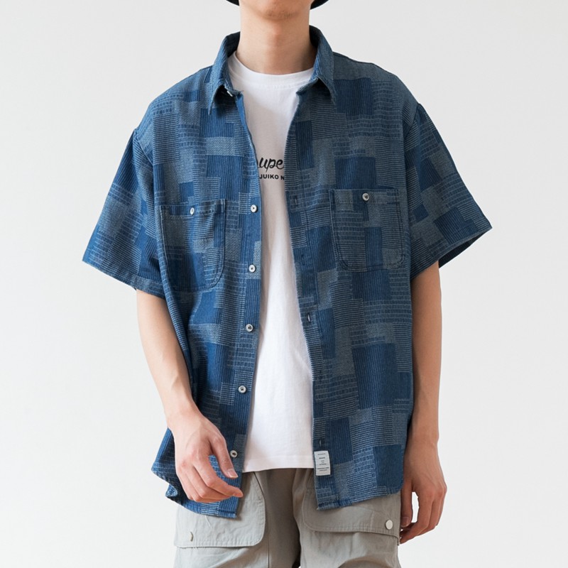 友町日系复古百家布蓝染短袖衬衫