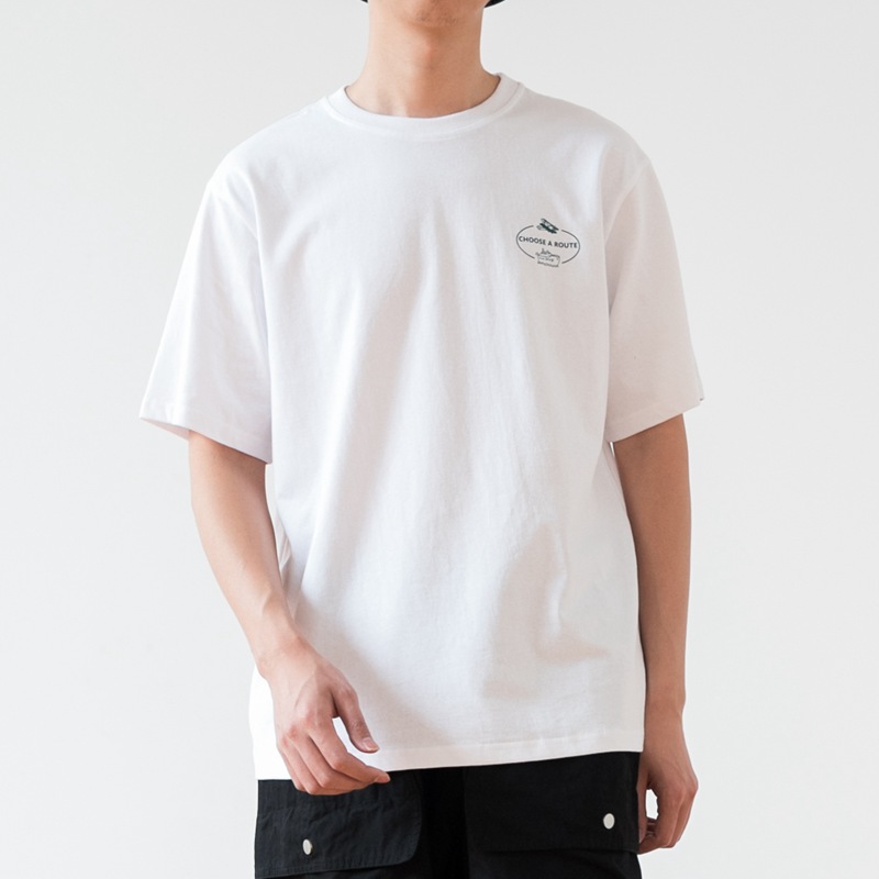 日系复古纯棉落肩圆领短袖T恤衫