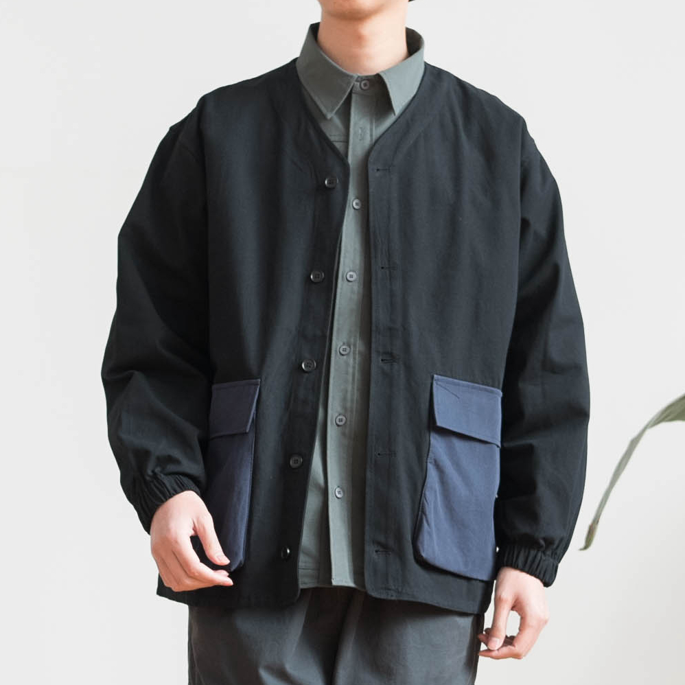 拼接撞色工装口袋V领夹克