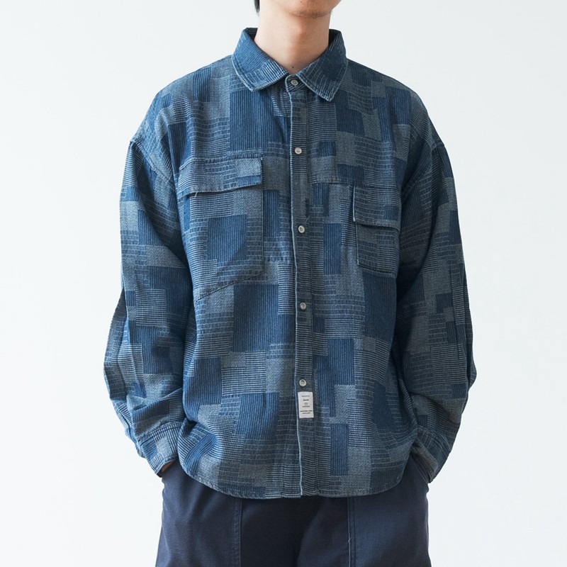 蓝染拼接民族风宽松落肩长袖衬衫