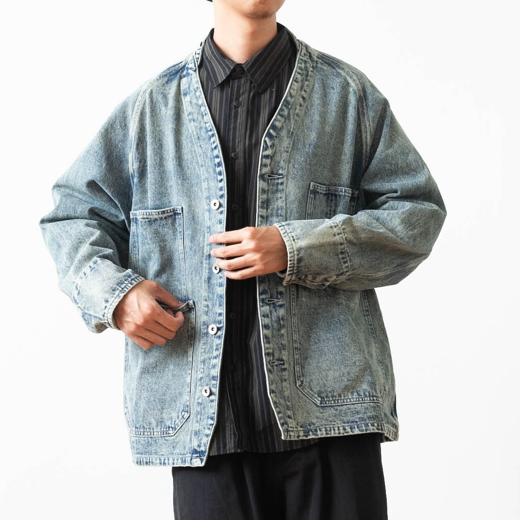 复古水洗做旧多口袋V领牛仔夹克