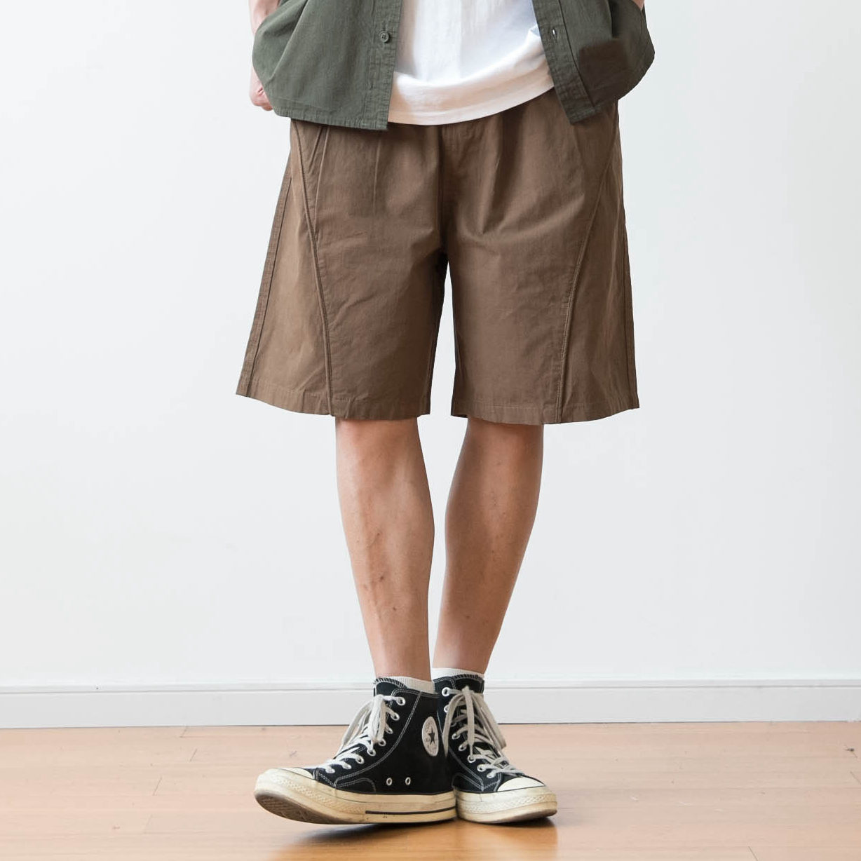 复古水洗纯棉松紧腰宽松工装短裤