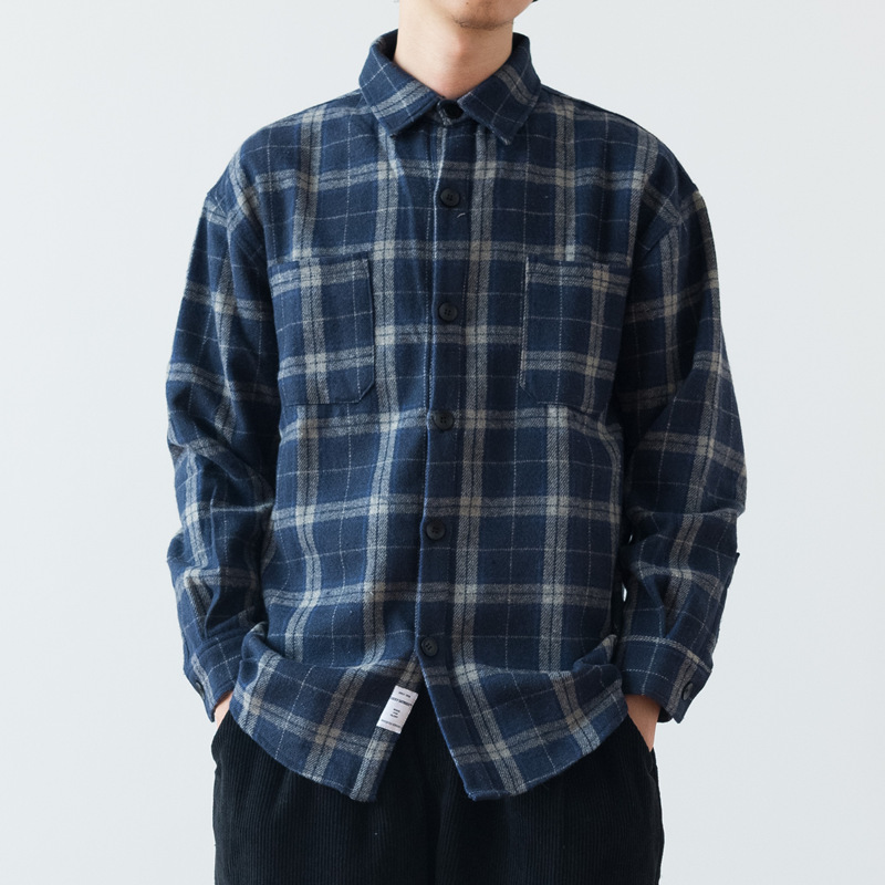 友町  日系复古毛呢格子落肩宽松长袖衬衫男潮青年衬衣