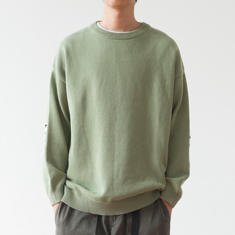 日系复古纯棉条纹贴布补丁针织衫