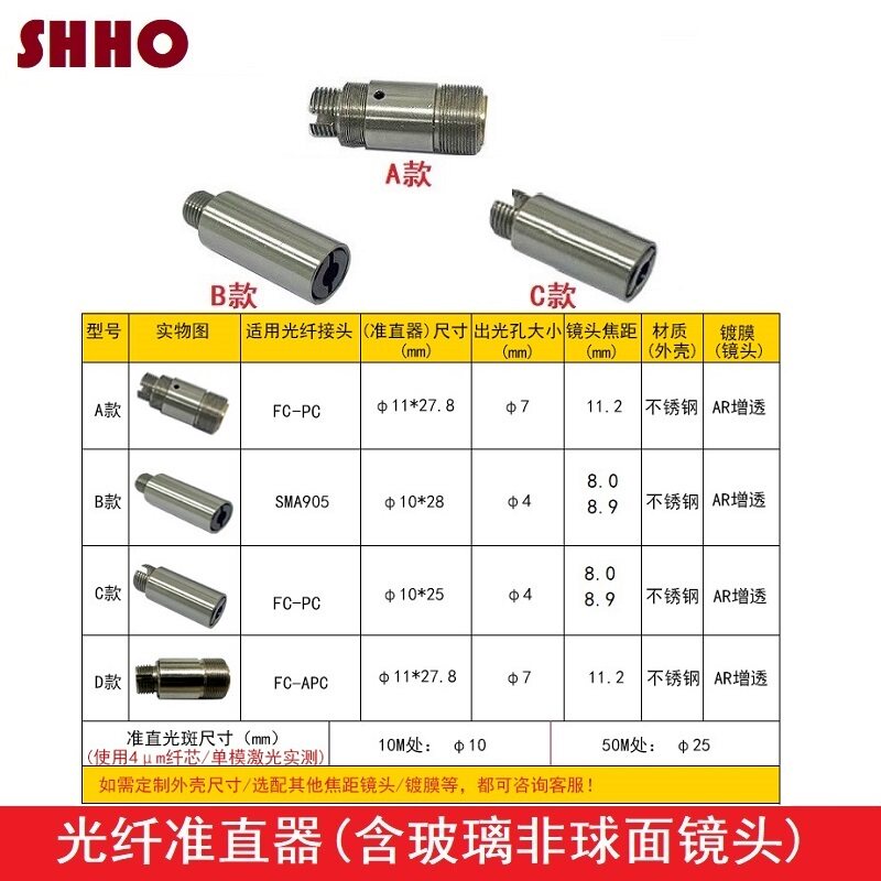 光纤耦合准直器镜头FC APC SMA接口激光管模组聚焦玻璃非球面透镜