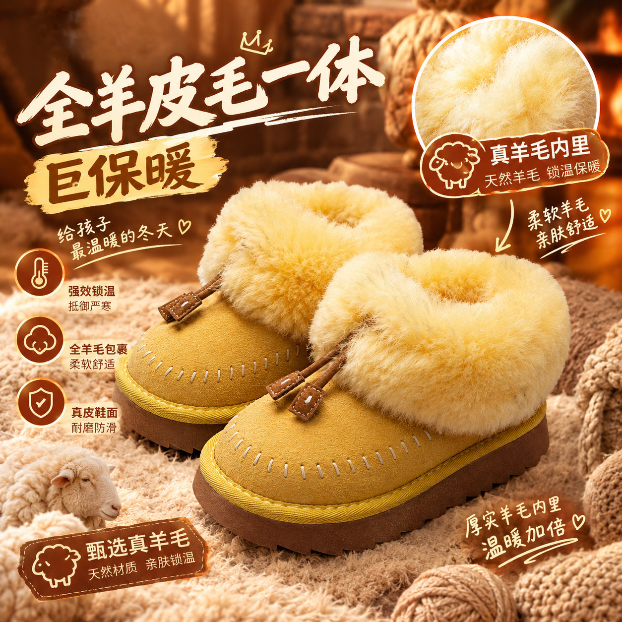 2026新款儿童羊皮毛一体雪地靴厚底保暖棉鞋小鸡黄缝线麦穗雪地棉