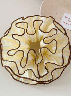 韩系清新奶黄色条纹四层大肠发圈女超大丸子头低马尾头绳气质头饰