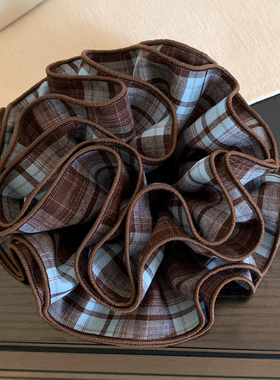 韩系复古蓝色格子四层大肠发圈女高级感超大丸子头扎头发头绳头饰