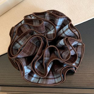 韩系复古蓝色格子四层大肠发圈女高级感超大丸子头扎头发头绳头饰