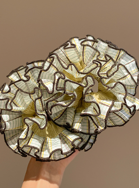 韩系重工绿色格子双层大肠发圈女气质超大丸子头低马尾头绳头饰