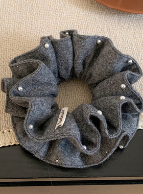 韩系灰色珍珠毛呢双层大肠发圈女超大号丸子头低马尾头绳秋冬头饰