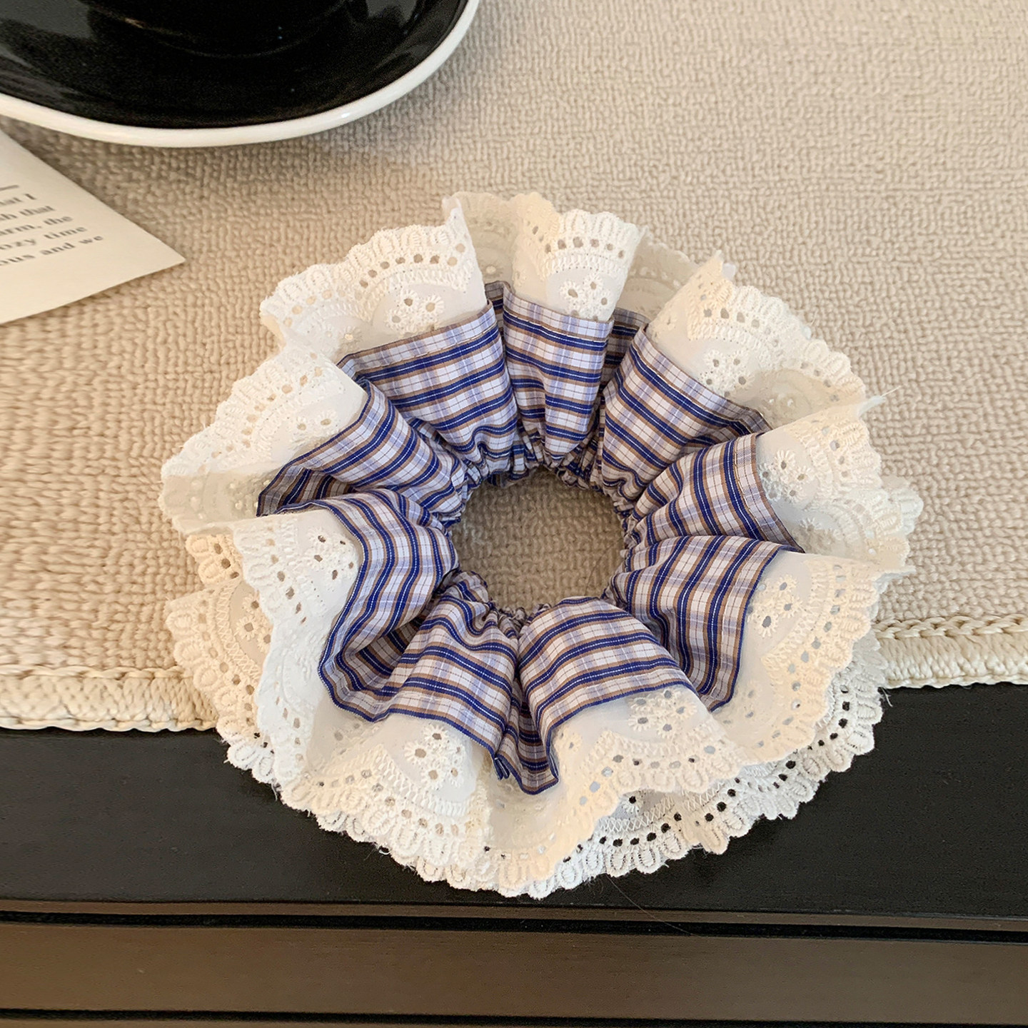 韩系蓝色格子蕾丝双层大肠发圈女超大丸子头芭蕾风头绳皮筋头饰,饰品/流行首饰/时尚饰品新,发饰,淘宝优惠券,粉丝福利购,淘宝优惠卷