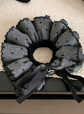 韩系复古灰色波点蝴蝶结双层大肠发圈女扎头发头绳气质百搭头饰