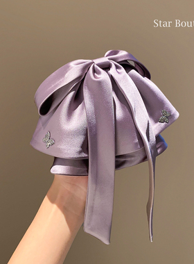 法式紫色水钻缎面蝴蝶结裙摆抓夹女高级感后脑勺马尾鲨鱼夹子头饰