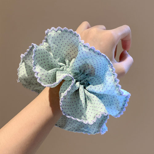 薄荷蓝波点花边大肠发圈女饱满