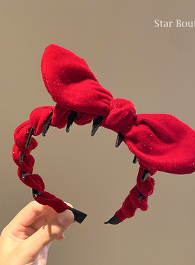 气质复古红色丝绒蝴蝶结带齿发箍女秋冬新年圣诞头饰洗脸防滑头箍