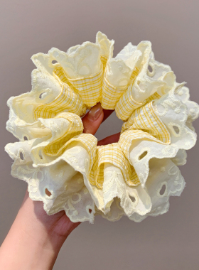 芭蕾风黄色格子蕾丝大肠发圈女高级感丸子头温柔发饰头绳气质百搭