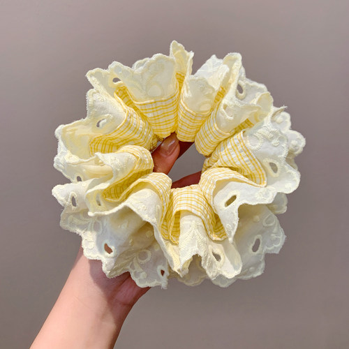 芭蕾风黄色格子蕾丝大肠发圈女