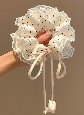 韩系白色波点蕾丝蝴蝶结飘带大肠发圈女高级感超大扎头发头绳头饰