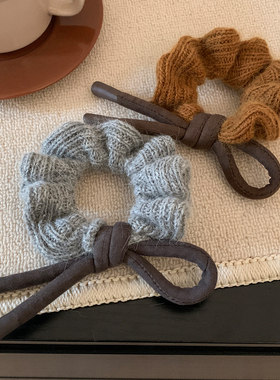 韩国灰色兔毛针织蝴蝶结大肠发圈女秋冬高级感丸子头马尾头绳头饰