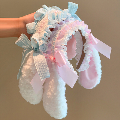 可爱粉色蝴蝶结兔子耳朵毛绒发箍