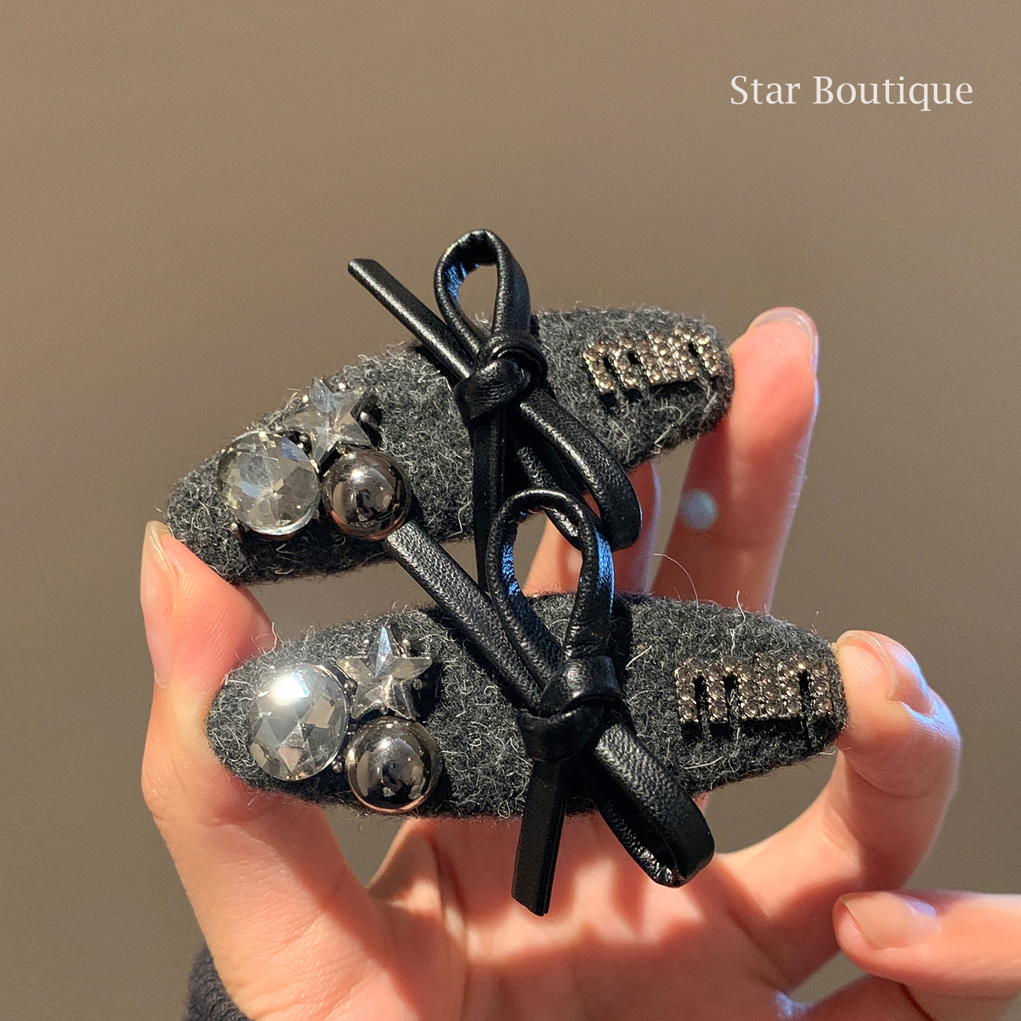 韩系灰色蝴蝶结水钻发夹女高级感