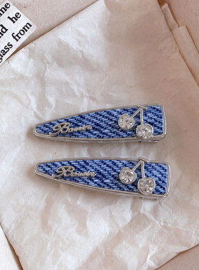 蓝色水钻樱桃韩系发夹边夹侧边夹高级感百搭前额碎发刘海夹子头饰
