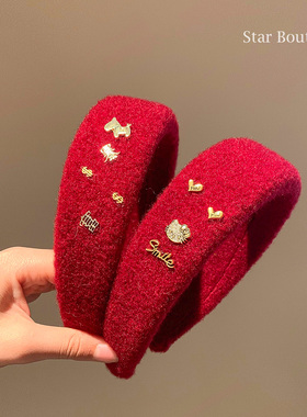 韩系红色kitty猫毛呢宽边发箍女气质高颅顶头箍洗脸发卡新年头饰