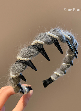 秋冬高级感灰色兔毛珍珠带齿发箍女洗脸压发头箍高颅顶发卡头饰