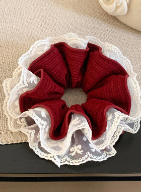 韩系超仙红色针织蕾丝大肠发圈女气质大号丸子头马尾头绳新年头饰
