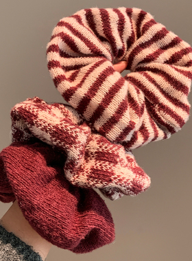 法式复古红色格子毛线针织大肠发圈女高级感超大号慵懒风头绳发饰