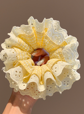 芭蕾风黄色格子蕾丝大肠发圈女超大高级感丸子头扎头发头绳头饰