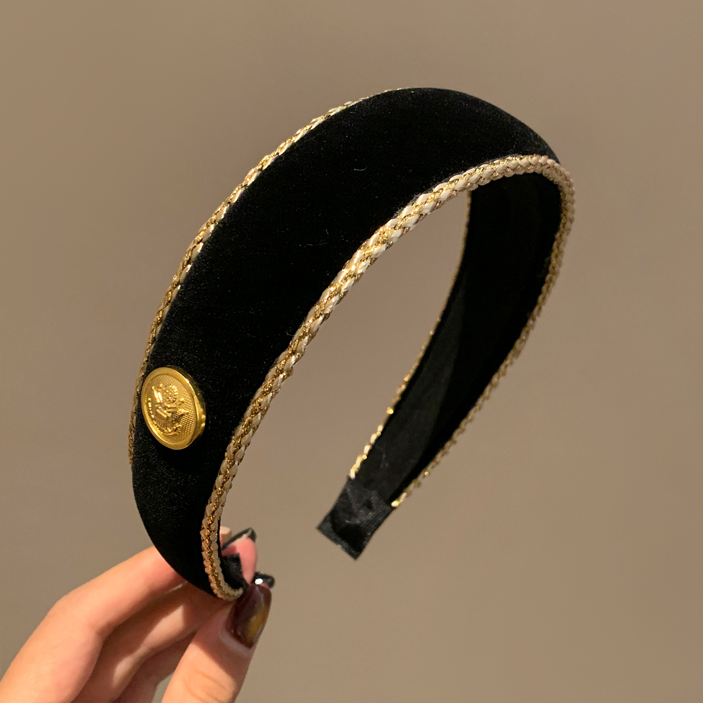 韩国高级感黑色丝绒金标发箍