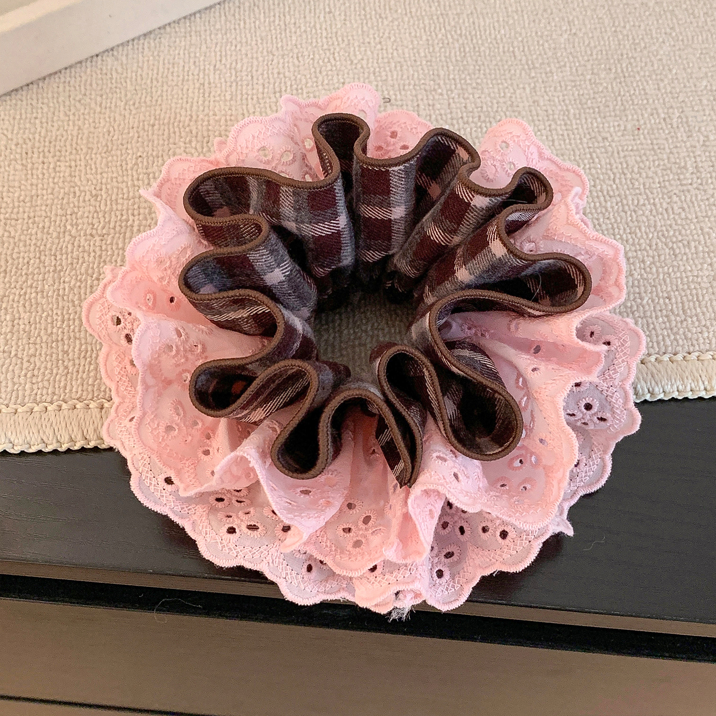 韩系甜美粉色格子蕾丝四层发圈女