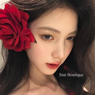 红色复古玫瑰花头饰女高级感侧边大红花发夹仿真花朵发卡绝美发饰