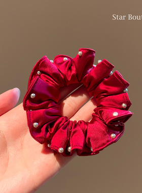 新年红色珍珠缎面小肠发圈女高级感丸子头扎头发头绳皮筋气质头饰