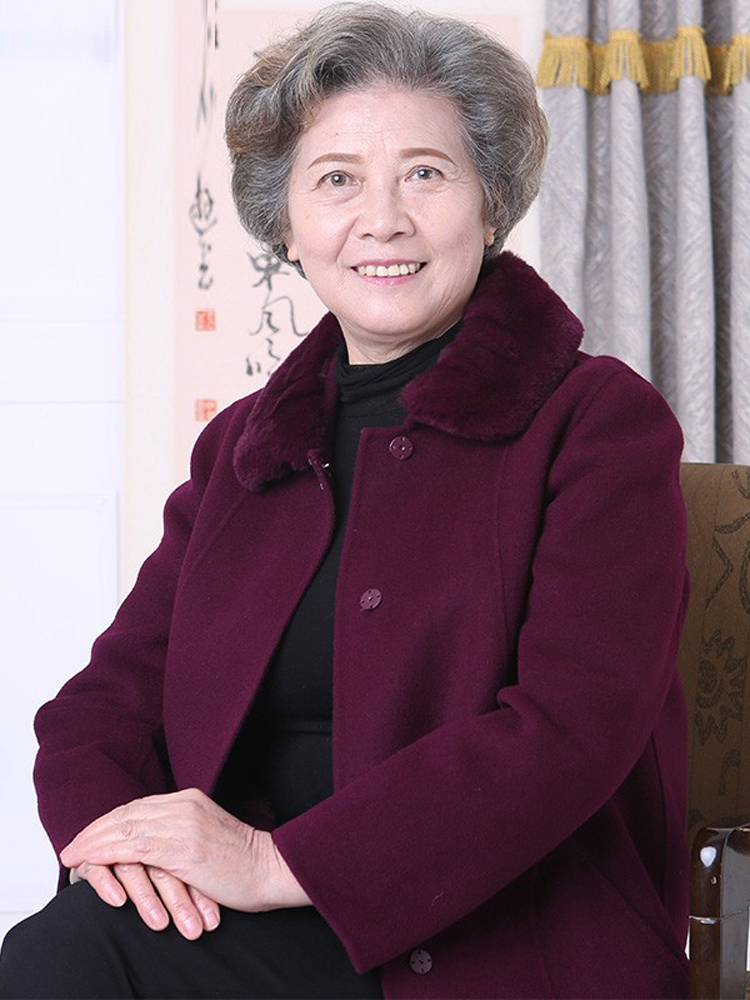 中老年人羊绒大衣女装中长款獭兔毛领妈妈秋冬装毛呢奶奶外套大码