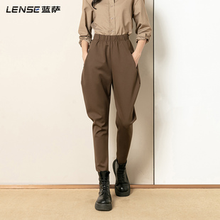 蓝萨2025秋冬咖色裤子女加绒休闲哈伦棕色高腰时尚走秀大码骑马裤