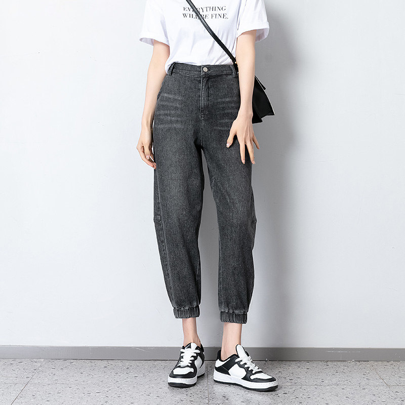 蓝萨2022夏季新款灰色束脚牛仔裤女薄款松紧腰高腰八分哈伦萝卜裤