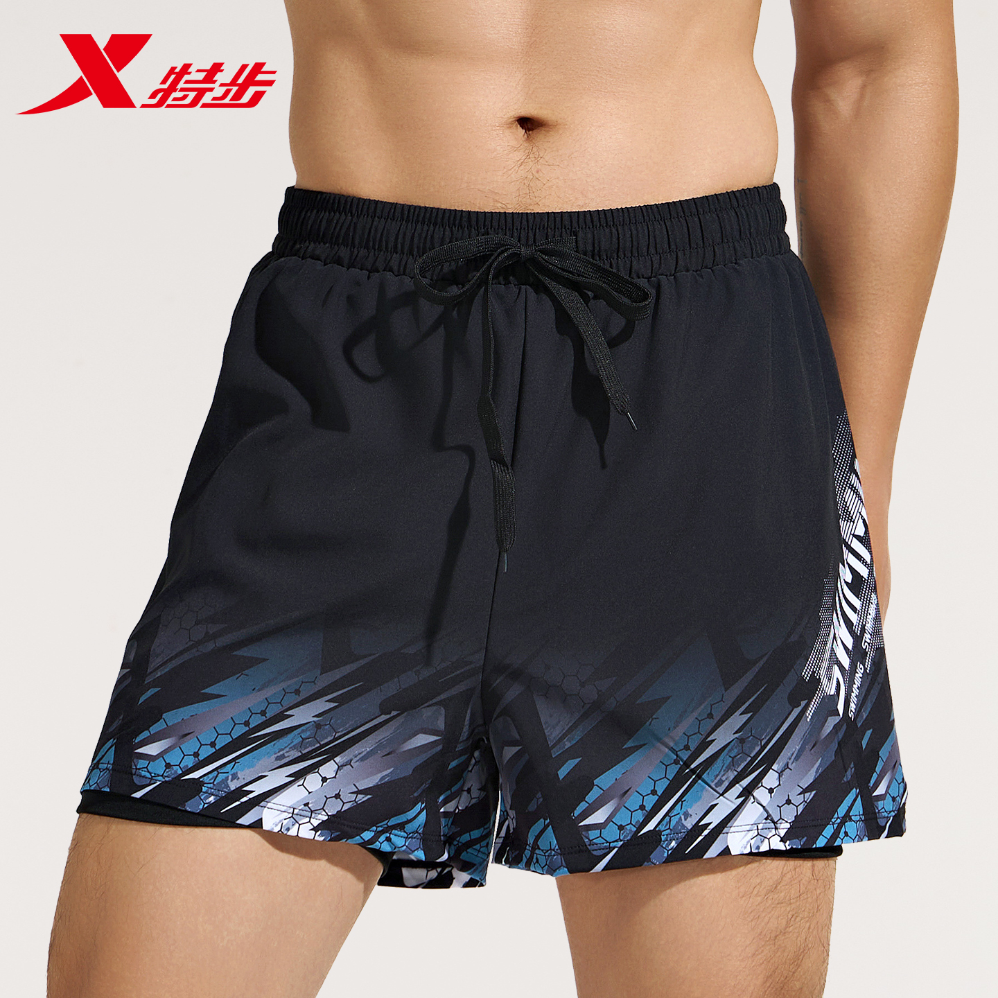特步泳裤男双层防尴尬宽松游泳裤