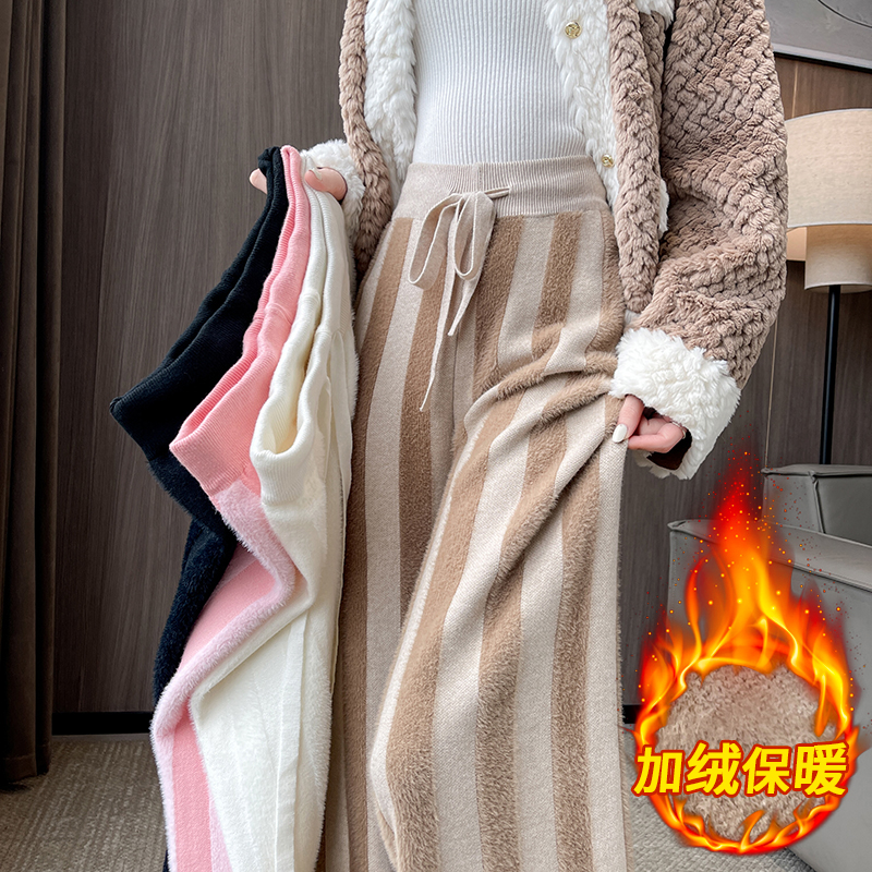 加绒条纹针织阔腿裤女休闲直筒裤