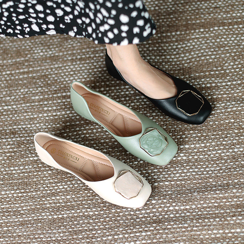 晚晚风仙女温柔单鞋女春秋软皮奶奶鞋方头平底鞋女浅口豆豆鞋软底