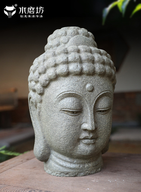 新中式家居佛头佛首禅意覆古摆件客厅玄关佛像庭院彷真石像装饰品