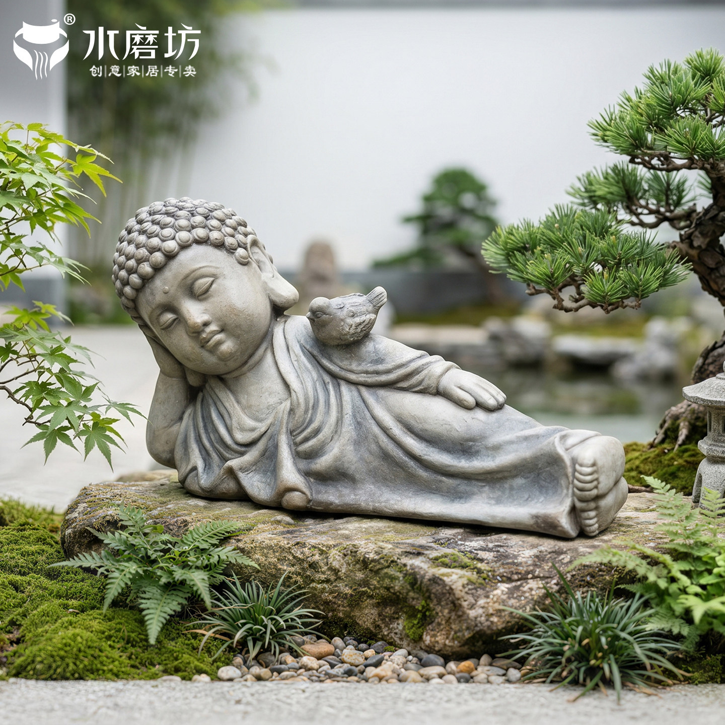 水磨坊中式庭院禅意卧佛摆件户外花园布置微景观治愈系家居装饰品