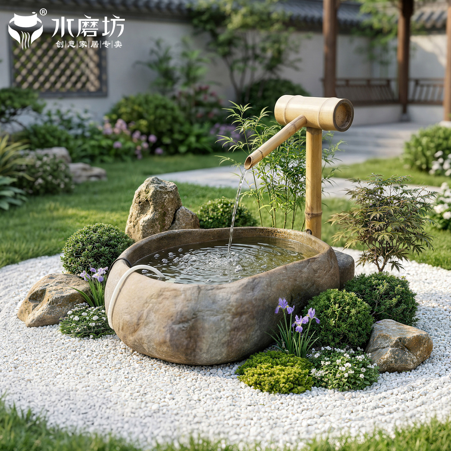 水磨坊庭院仿鹅卵石惊鹿流水摆件循环水缸中式花园造景布置养鱼缸
