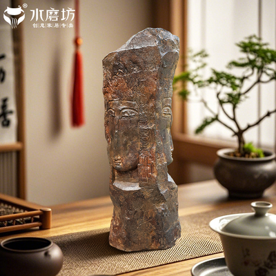 水磨坊创意彷石三面佛像禅意空间布置茶室会所入户玄关装饰小摆件