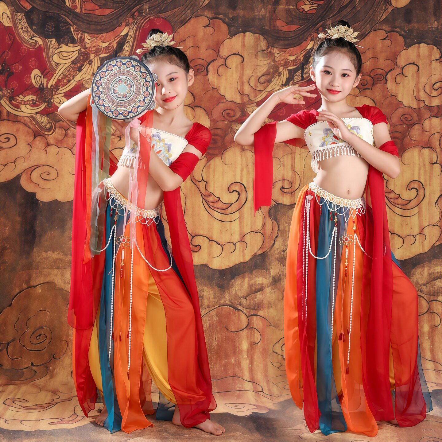 敦煌飞天儿童古典舞反弹琵琶表演服女童飘逸中国风汉服舞蹈演出服