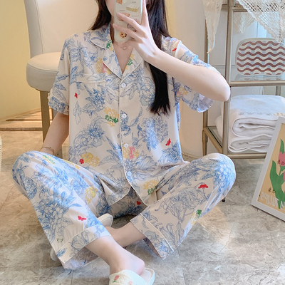 两件套装棉绸睡衣妈妈套装女