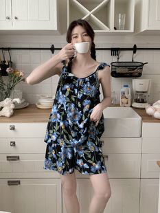 家居服初中生女 睡衣女新款 棉绸红格子吊带薄款 吊带短裤 人造棉套装